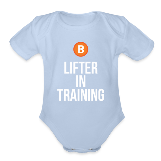 Organic Short Sleeve Baby Onesie - Lifter in Training - sky